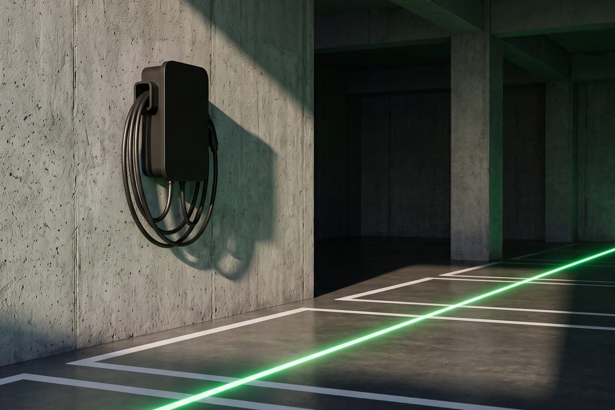 Carregador de parede preto instalado em uma parede de concreto, com o cabo enrolado e faixas de luz verde no piso da garagem.